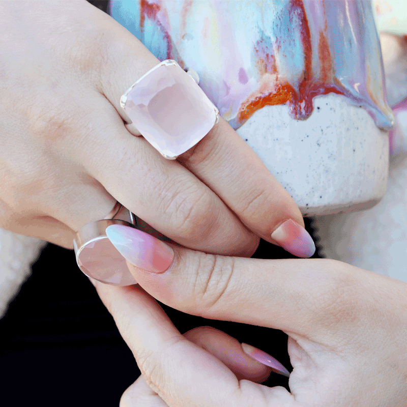 square rose quartz silver gemstone ring