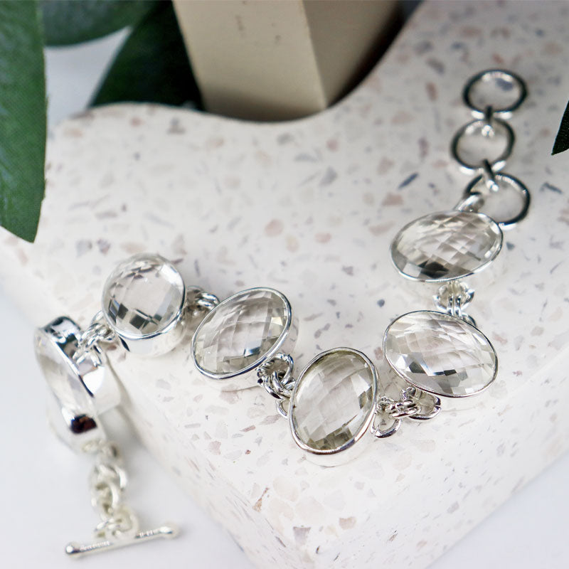 clear quartz silver oval gemstone bracelet