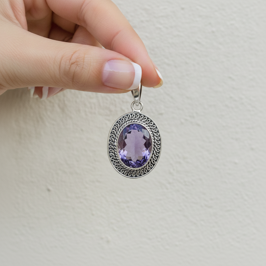 amethyst oval sterling silver pendant