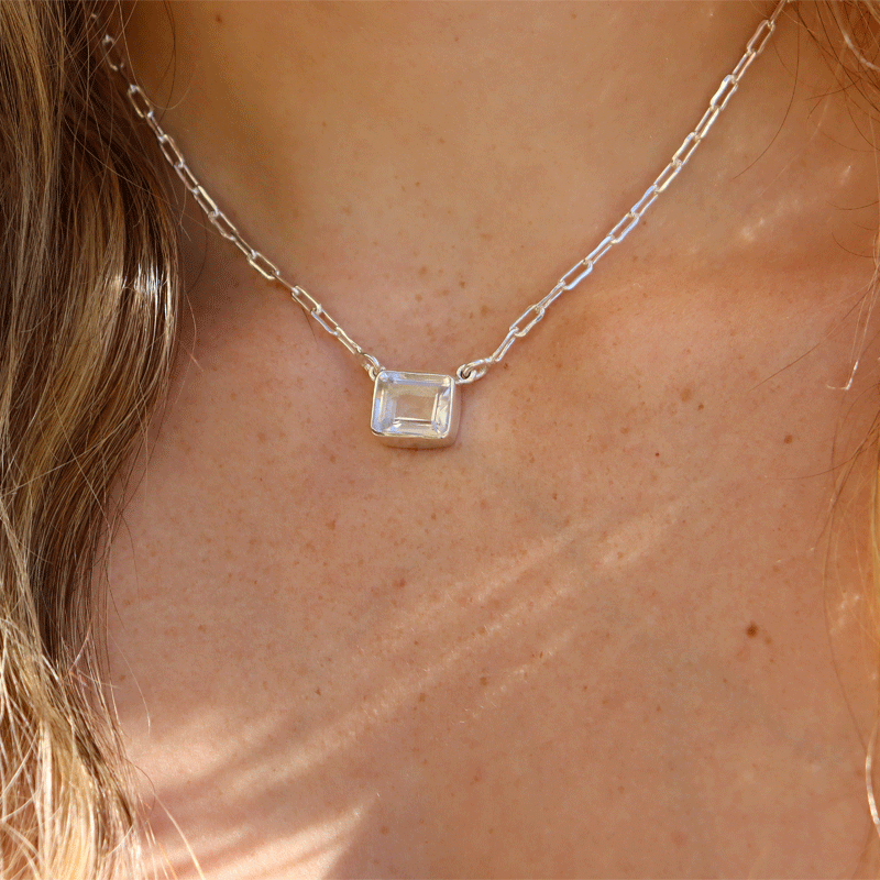 clear quartz emerald cut sterling silver gemstone necklace