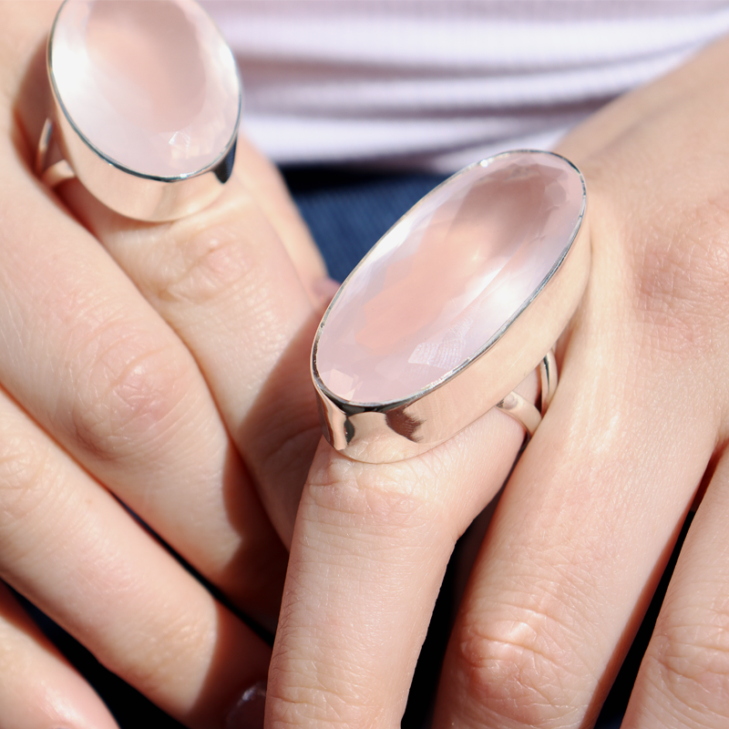 rose quartz large sterling silver gemstone ring