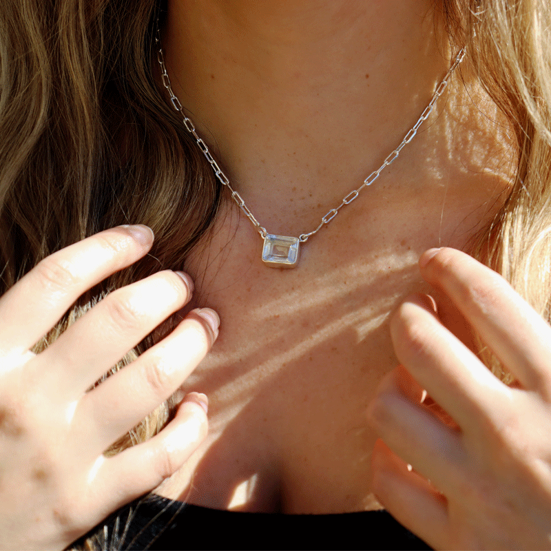 clear quartz emerald cut sterling silver gemstone necklace