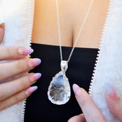 clear quartz teardrop etched silver gemstone pendant