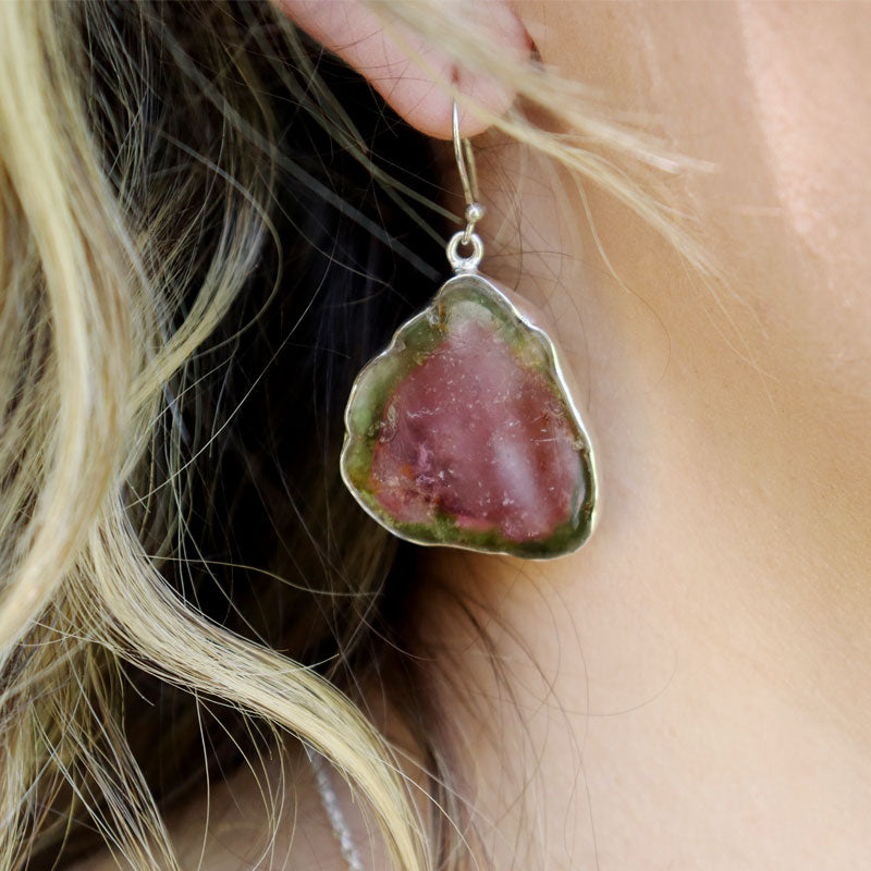 watermelon tourmaline silver gemstone earrings