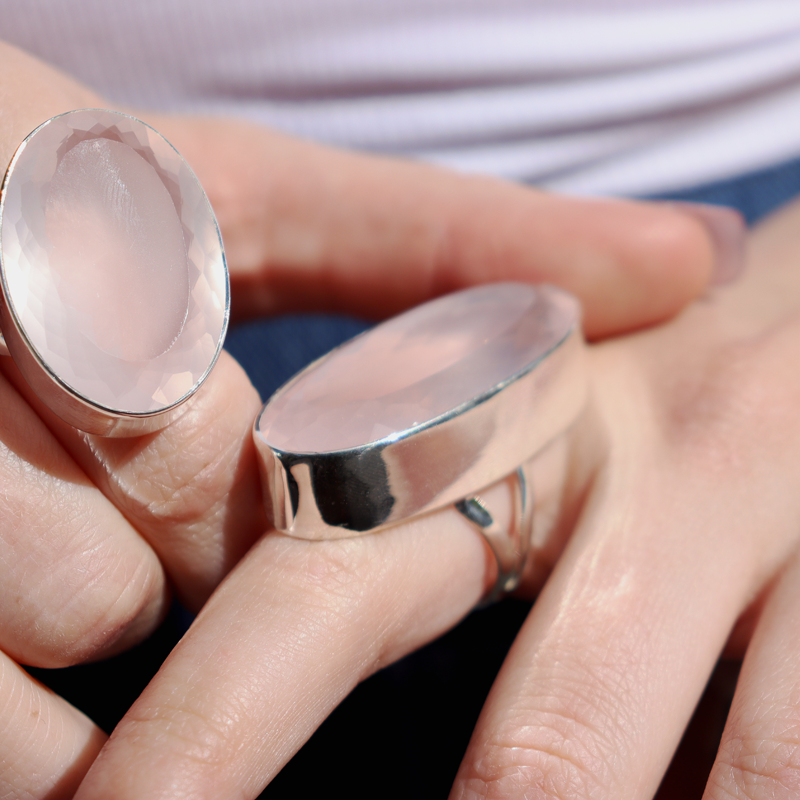 rose quartz large sterling silver gemstone ring