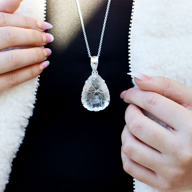 clear quartz teardrop etched silver gemstone pendant