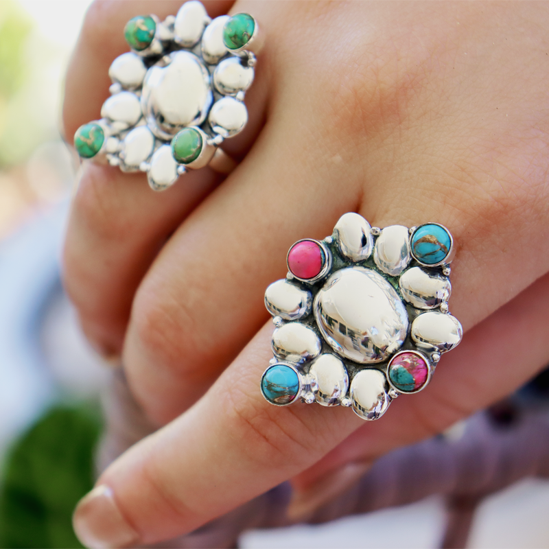multi oyster tuquoise sterling silver gemstone ring