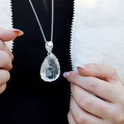 clear quartz teardrop etched silver gemstone pendant