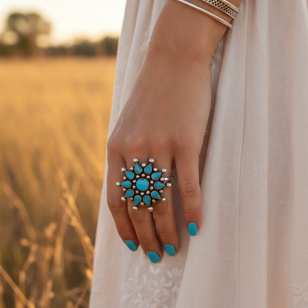 large flower turquoise sterling silver gemstone ring