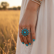 large flower turquoise sterling silver gemstone ring