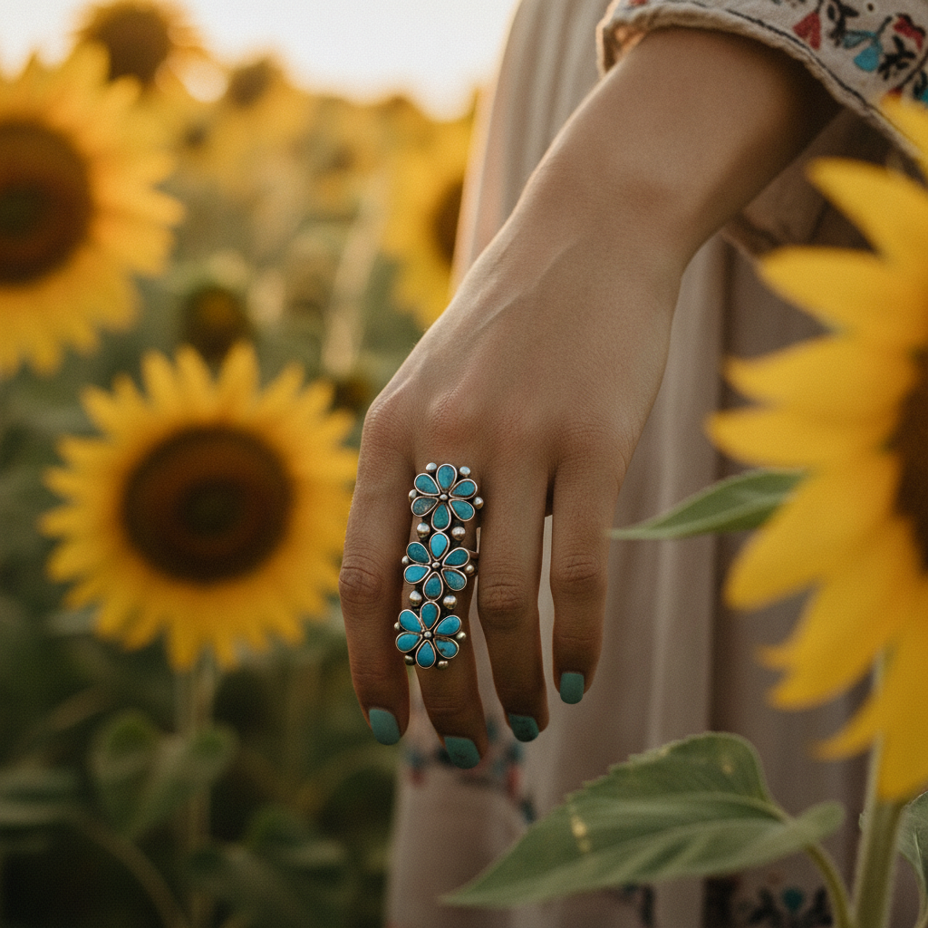 turquoise flower sterling silver ring