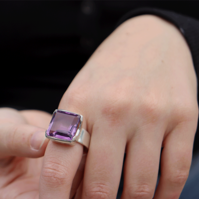 emerald cut square sterling silver gemstone ring