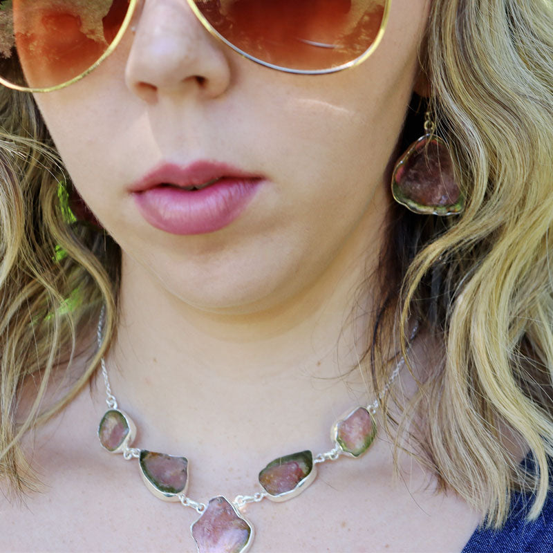 watermelon tourmaline silver gemstone earrings