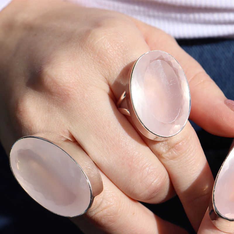rose quartz large sterling silver gemstone ring