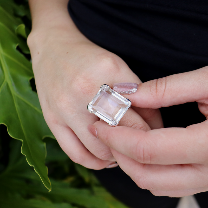 clear quartz emerald cut sterling silver gemstone ring