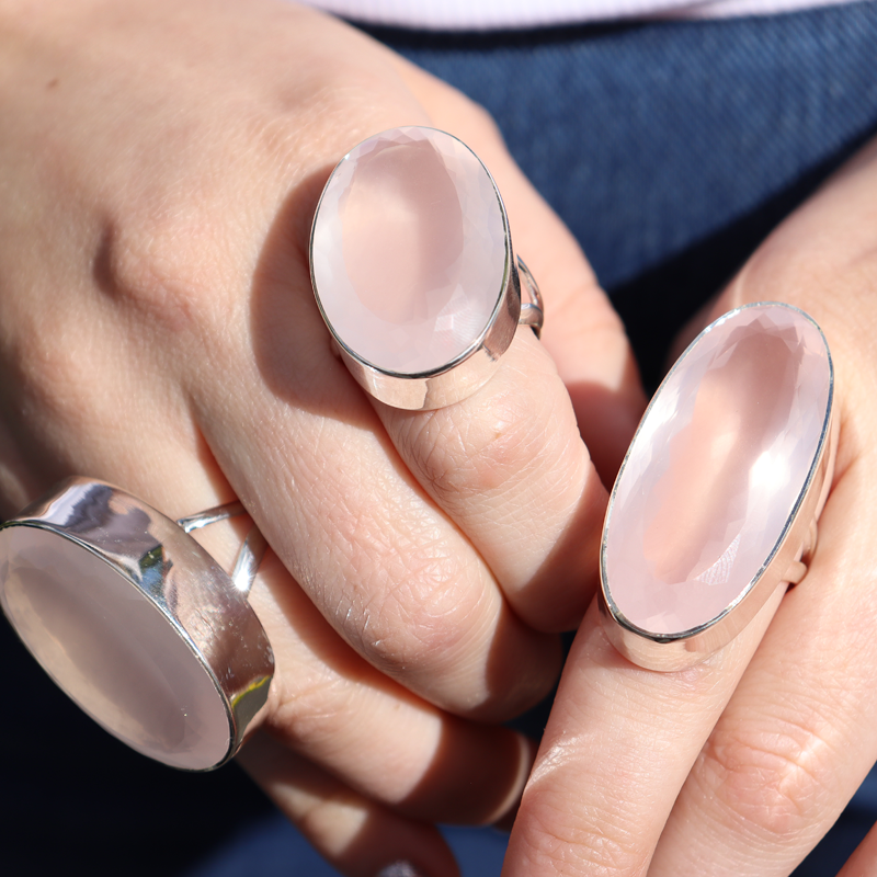 rose quartz large sterling silver gemstone ring
