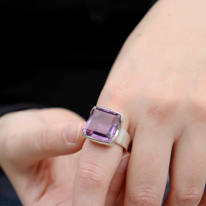 emerald cut square sterling silver gemstone ring