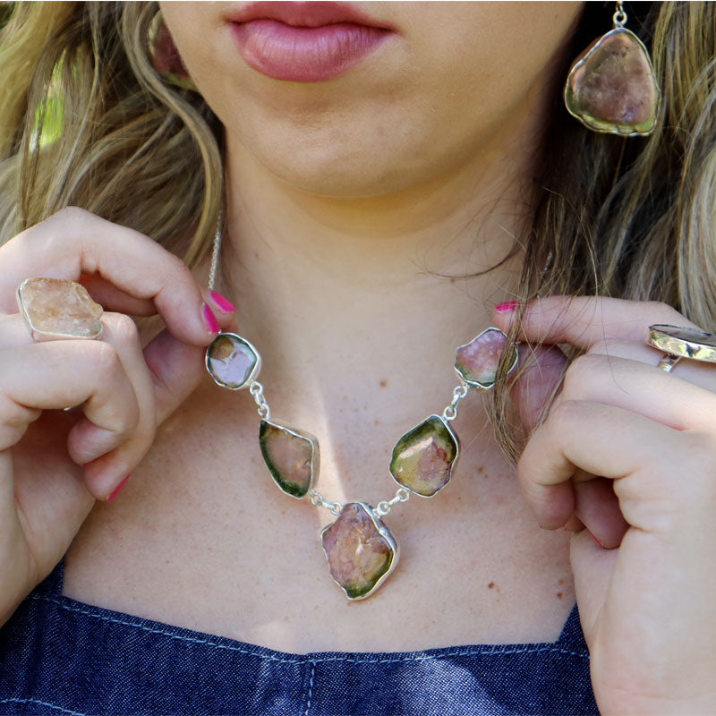 watermelon tourmaline silver gemstone earrings