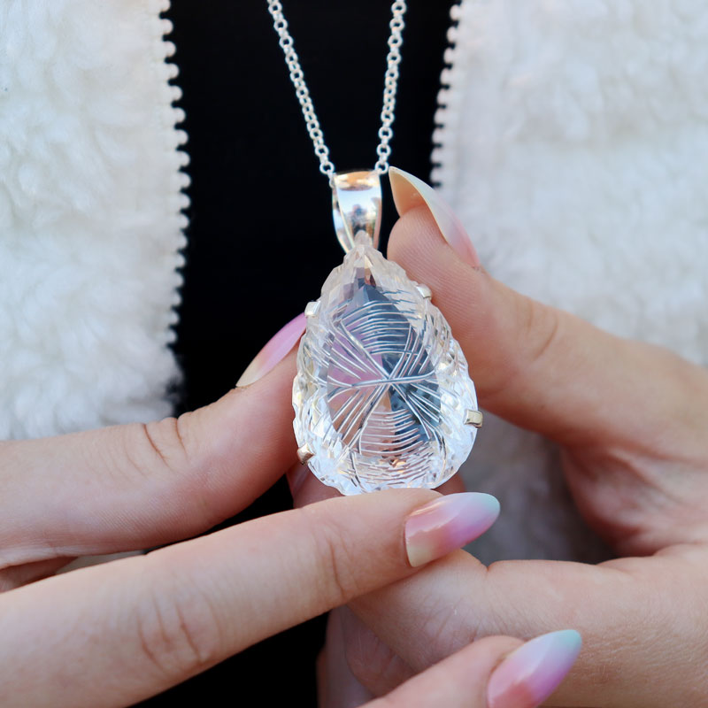 clear quartz teardrop etched silver gemstone pendant