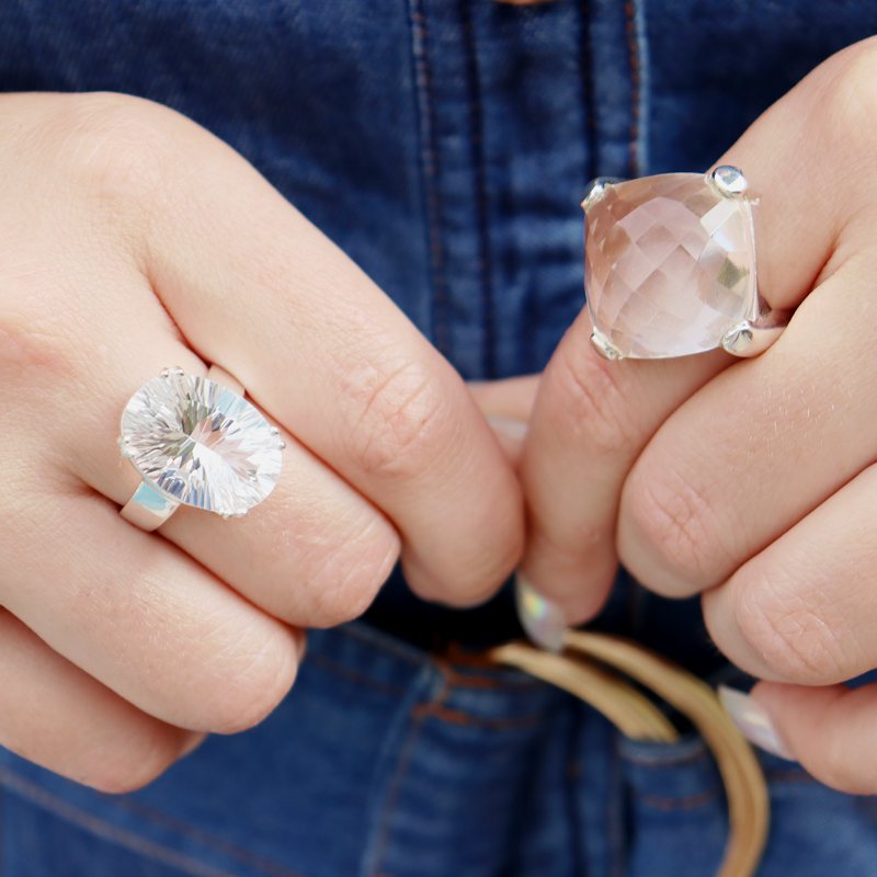 clear quartz checkerboard cut gemstone sterling silver ring