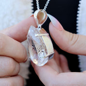 clear quartz teardrop etched silver gemstone pendant