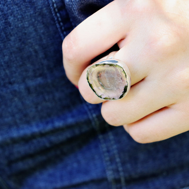 watermelon tourmaline silver gemstone ring