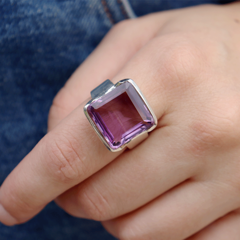 emerald cut square sterling silver gemstone ring