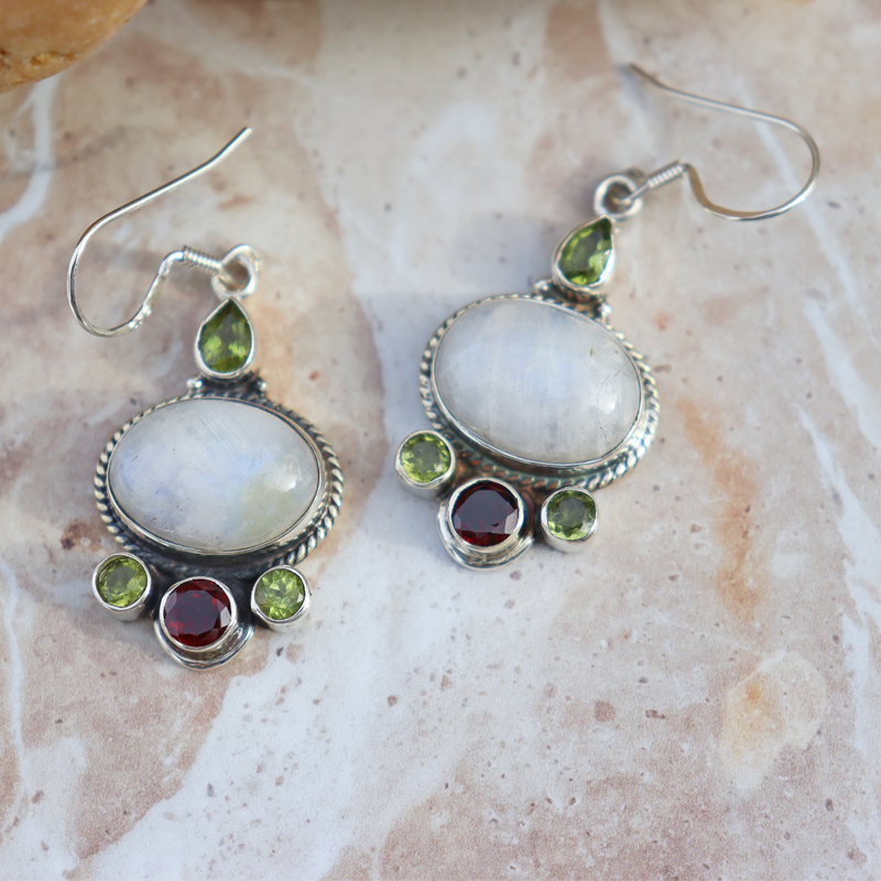 moonstone peridot garnet sterling silver gemstone earrings