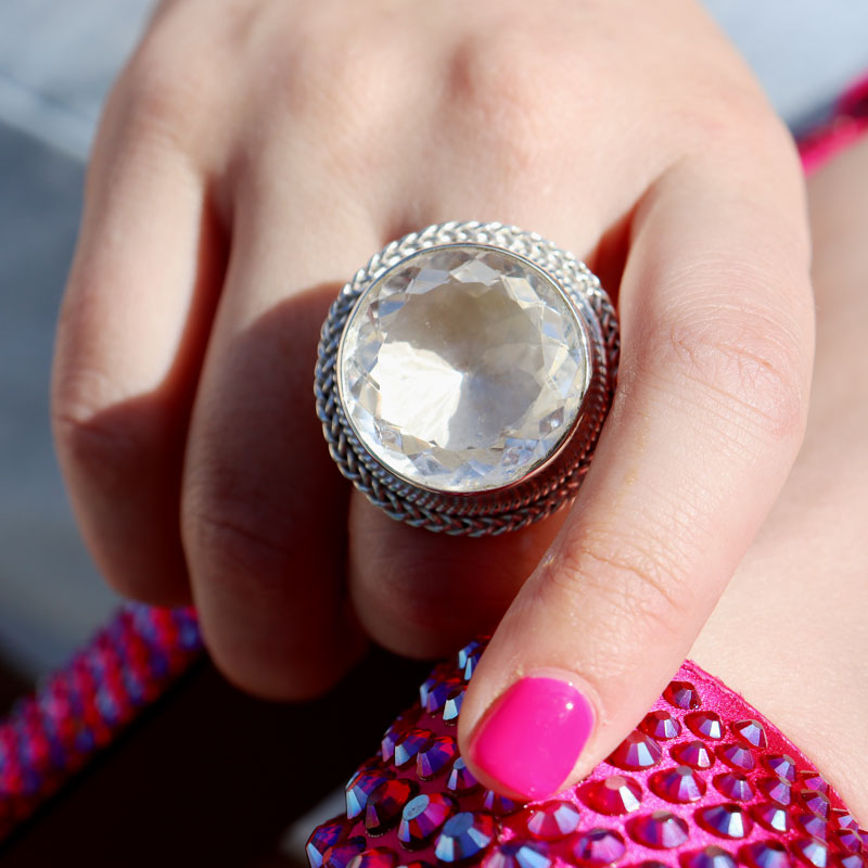 clear quartz large statement silver gemstone ring