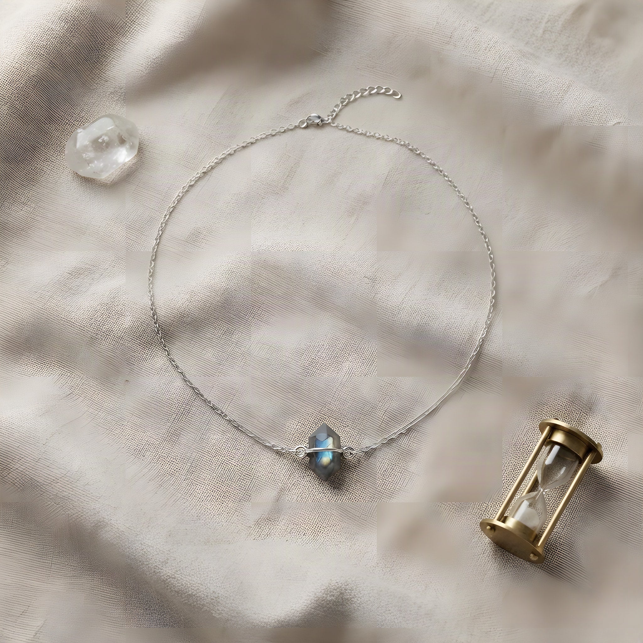 Mini Labradorite Choker Necklace, linen flat lay scene