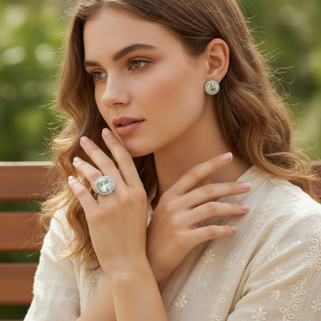green amethyst cz sterling silver gemstone ring and earring set