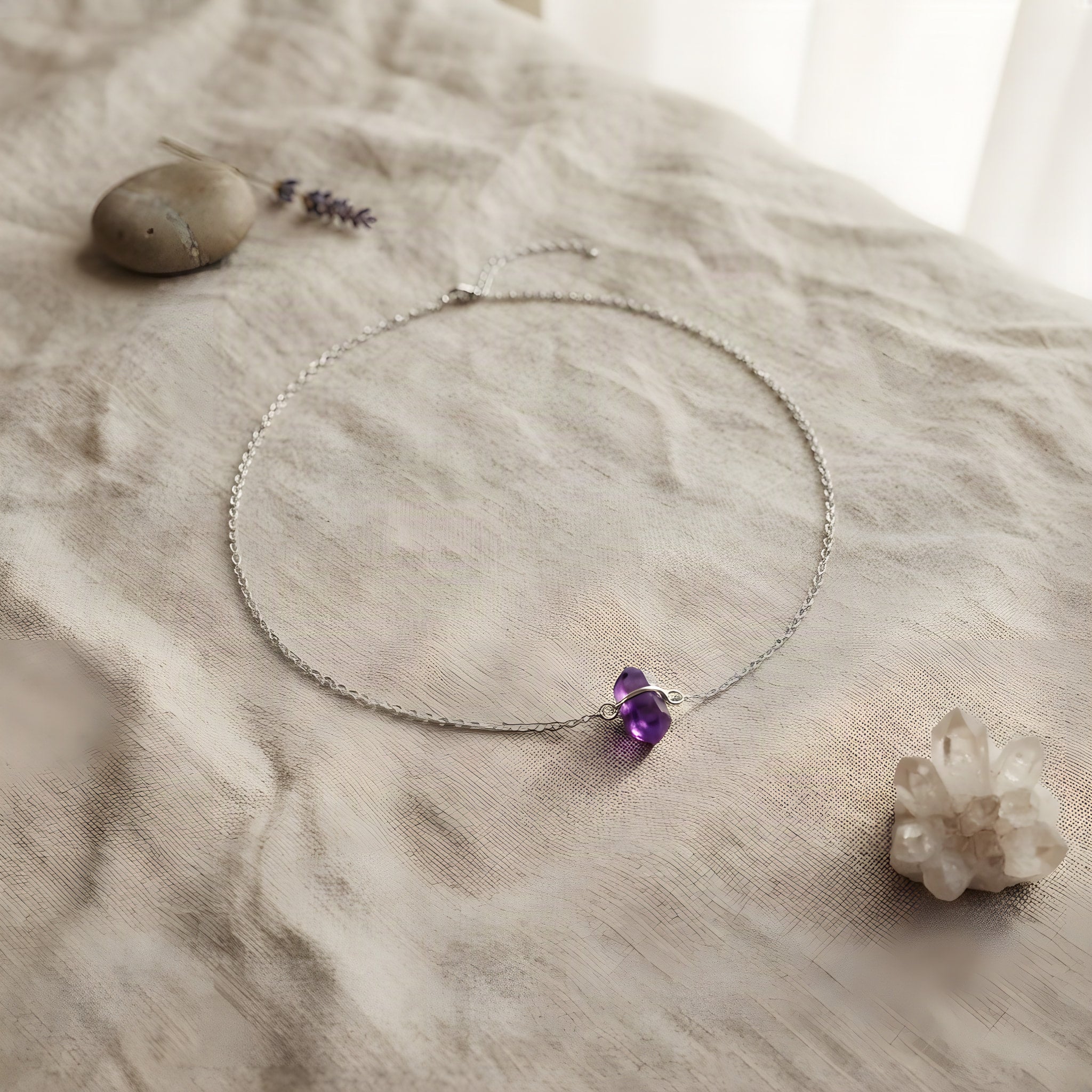 Mini Amethyst Choker Necklace, linen flat lay scene