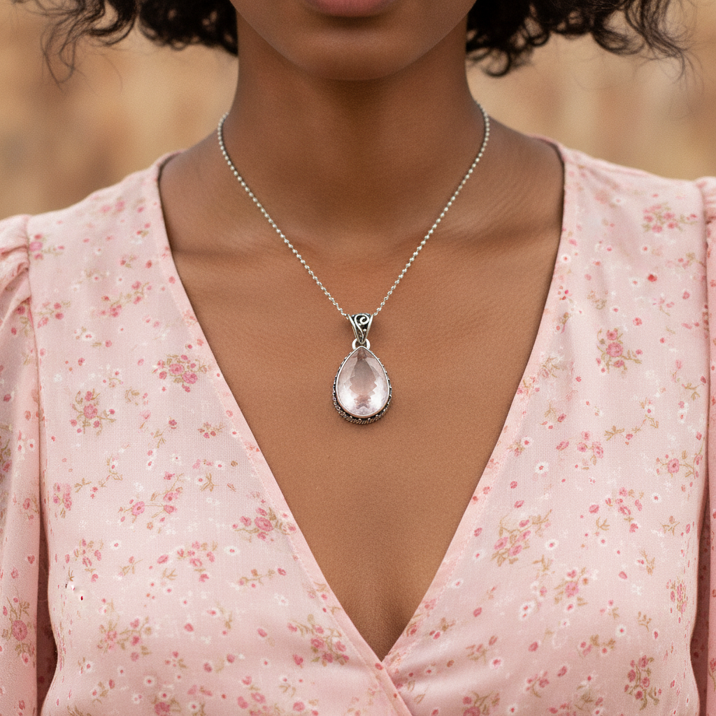 teardrop rose quartz sterling silver pendant