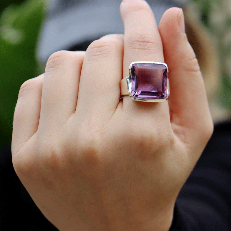 emerald cut square sterling silver gemstone ring