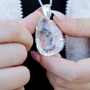 clear quartz teardrop etched silver gemstone pendant