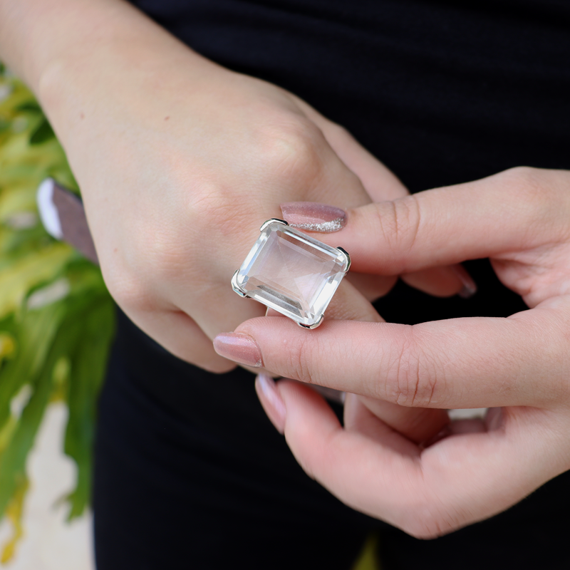 clear quartz emerald cut sterling silver gemstone ring