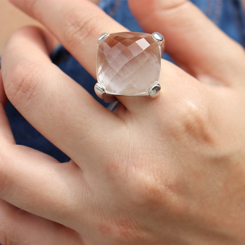 clear quartz checkerboard cut gemstone sterling silver ring
