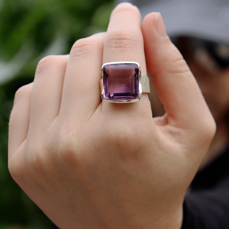 emerald cut square sterling silver gemstone ring