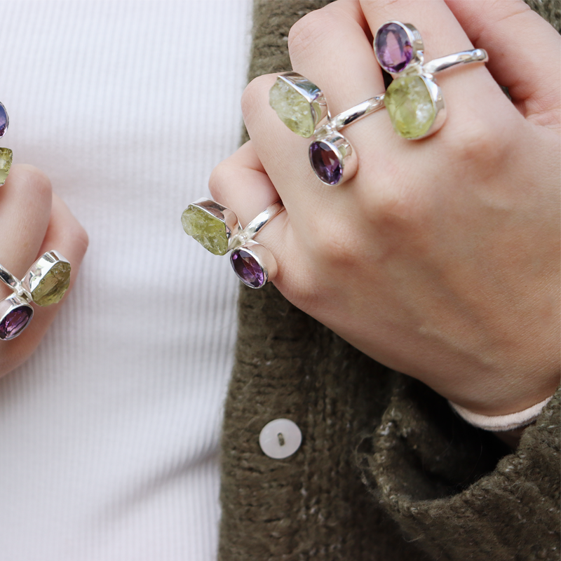 amethyst lemon quartz sterling silver gemstone ring