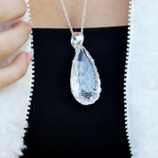 clear quartz teardrop etched silver gemstone pendant