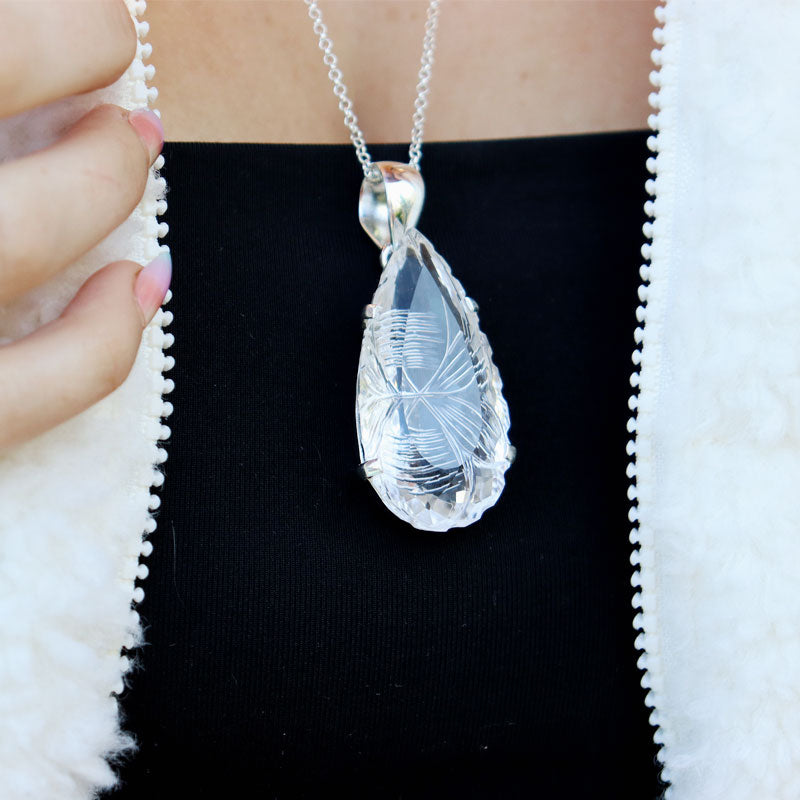 clear quartz teardrop etched silver gemstone pendant