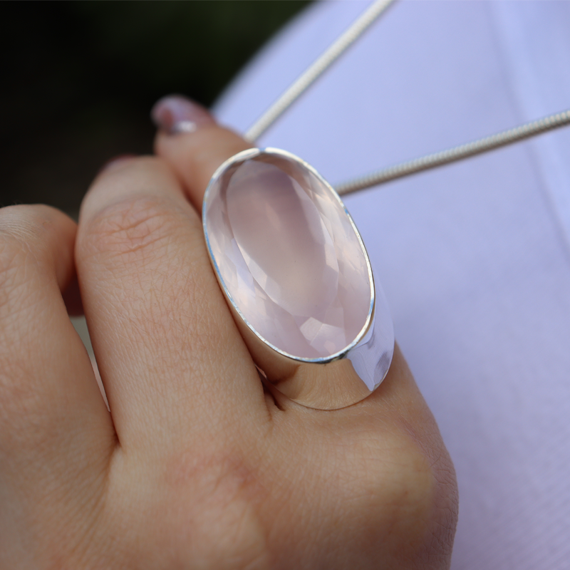 rose quartz large sterling silver gemstone ring