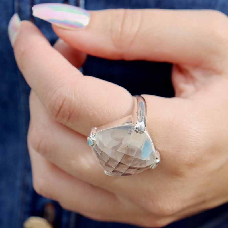 clear quartz checkerboard cut gemstone sterling silver ring
