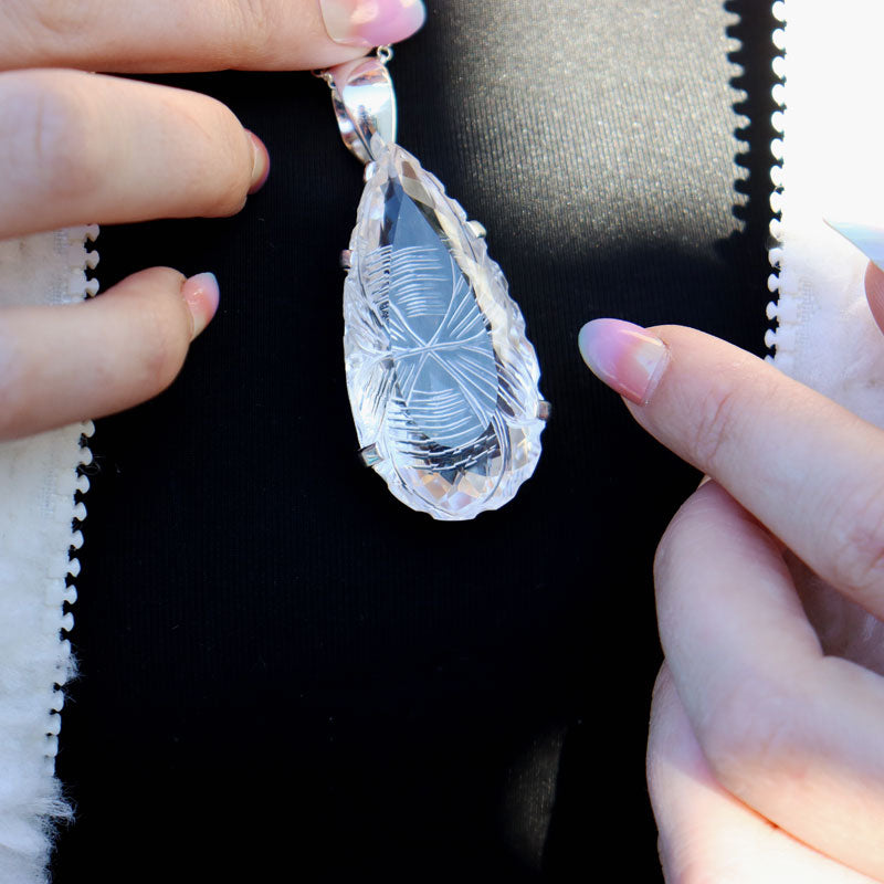 clear quartz teardrop etched silver gemstone pendant