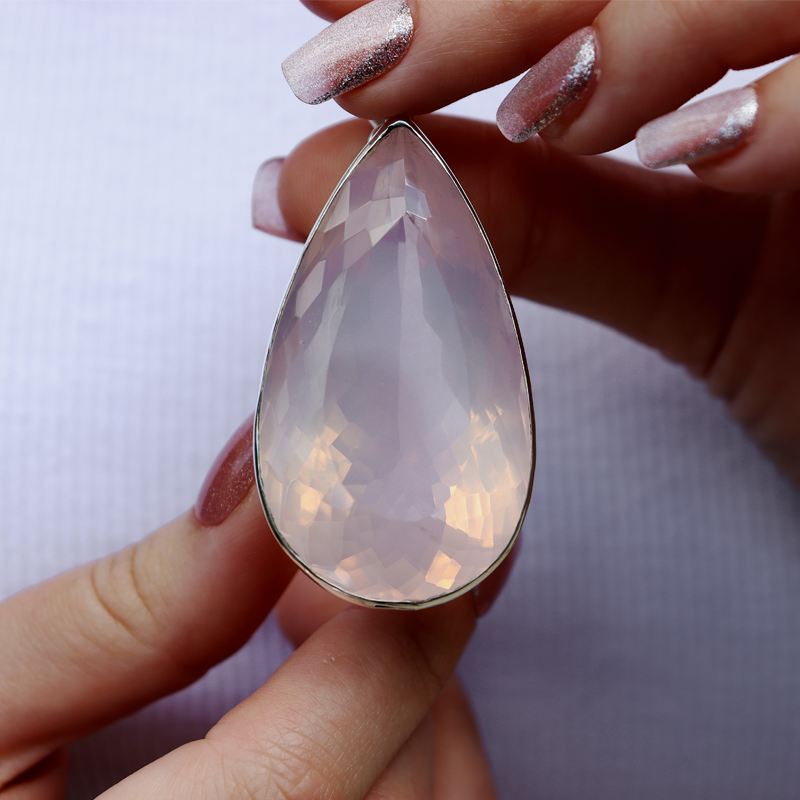 large teardrop sterling silver rose quartz pendant