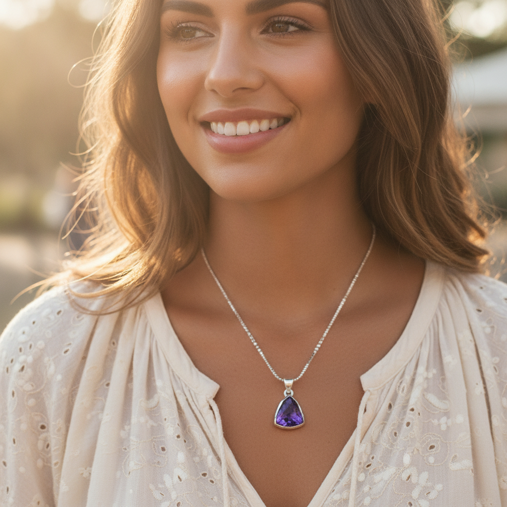 triangle amethyst checker cut sterling silver pendant