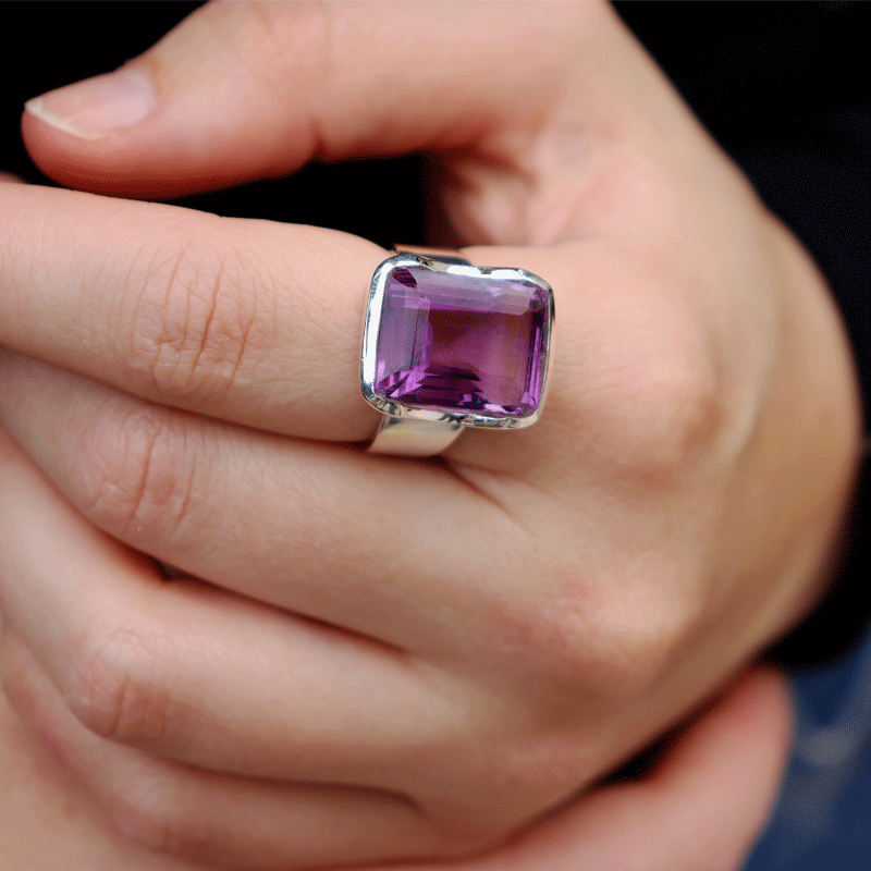 amethyst emerald cut sterling silver gemstone ring