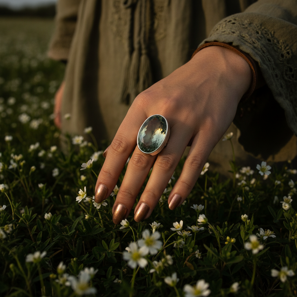 green amethyst oval silver gemstone ring