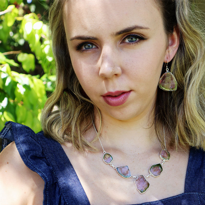watermelon tourmaline silver gemstone earrings