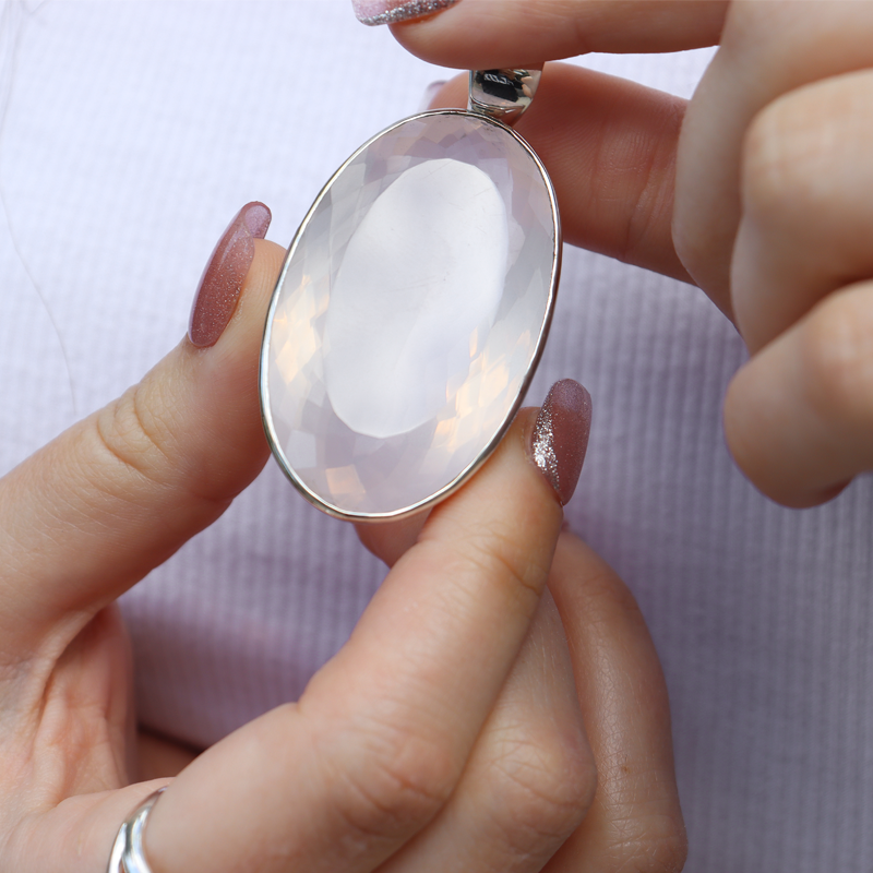 large oval rose quartz silver gemstone pendant